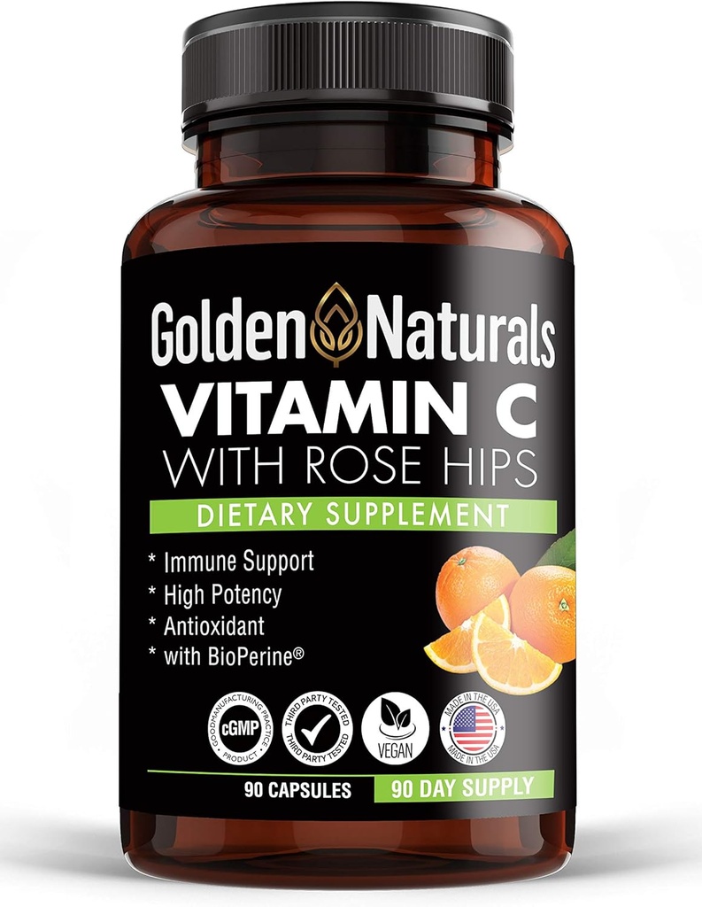 Naturales Dorados Vitamina C con todos los HIPS de rosa natural, 1000 mg, soporte de bosificación inmunitaria y potente antioxidante, alta absorción con bioperina, mejora la salud de la piel, 90 cápsulas
