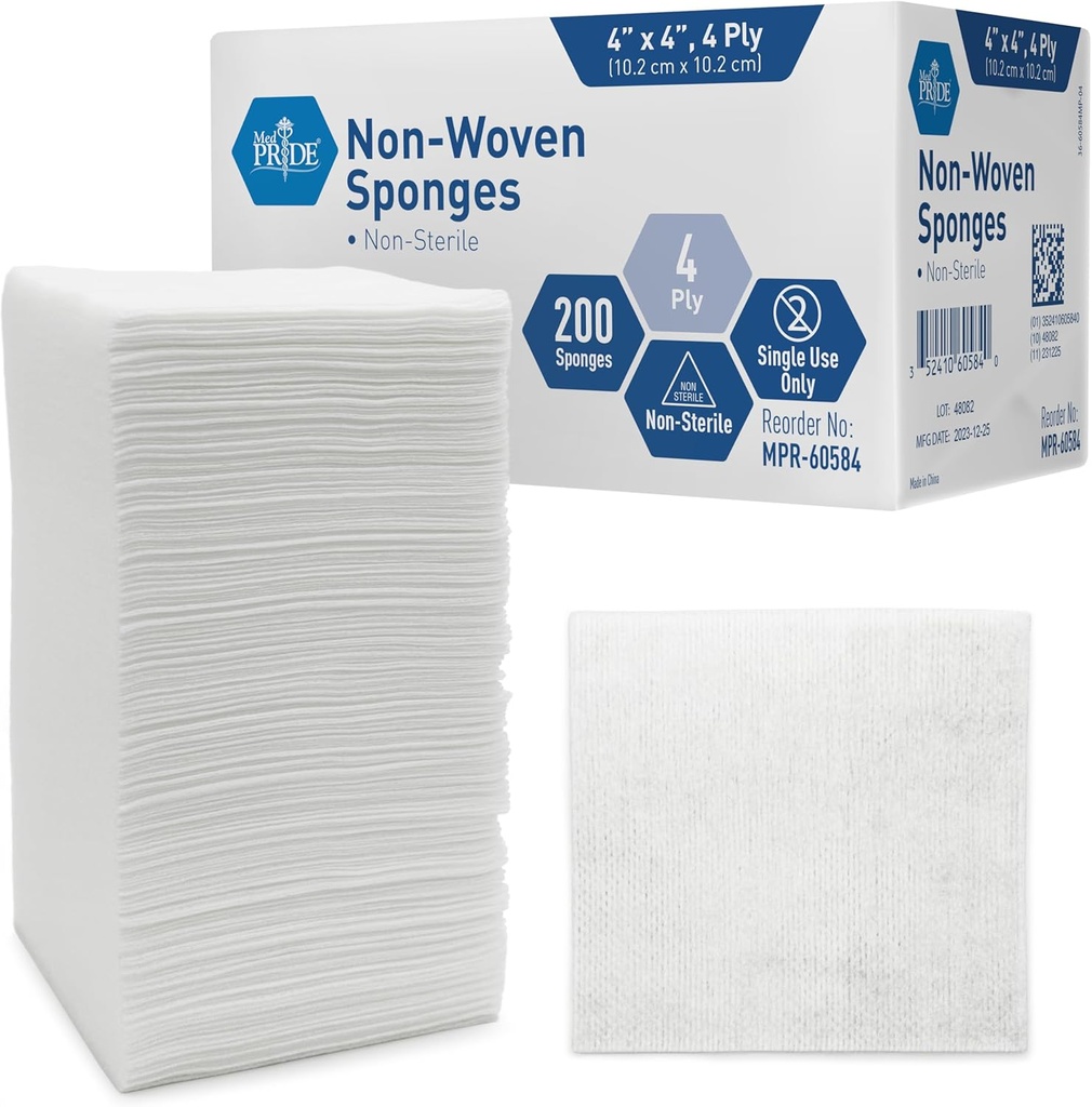 MED PRIDE Non-Woven Non-Sterile Surgical Sponges 200 Pack, 4in X 4in 4-Ply Gauze Pads for First Aid Wound Care