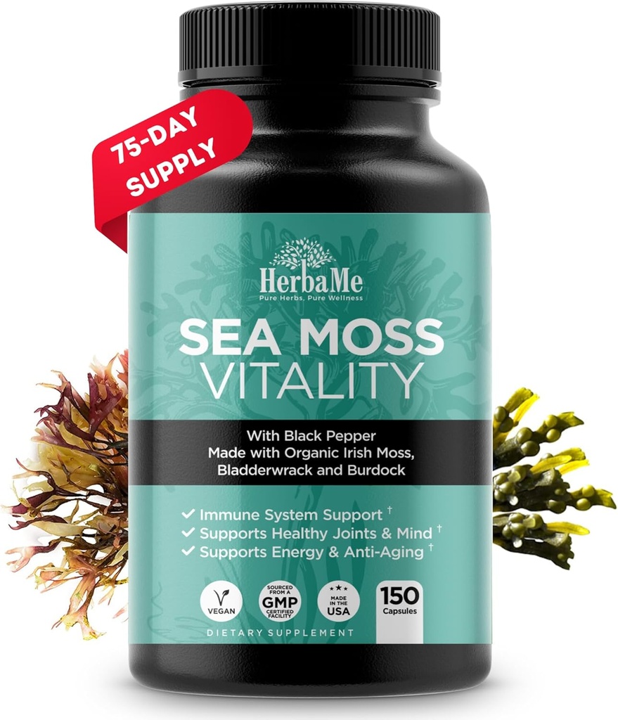 Moss de Mar Irlandés Orgánica con Bladderwrack, Burdock Root & Black Pepper Extract, 150 capsules, Thyroid Support, Natural Iodine Source, Promotes Immune System, Cell Food, Alkaline Supplement