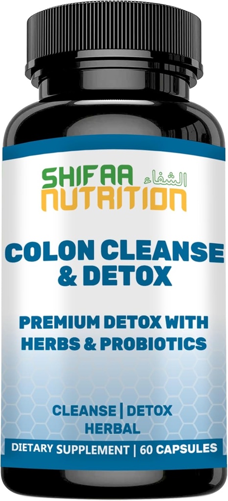 SHIFAA NUTRITION Premium Colon Cleanse & Herbal Detox Pills TEN 2x15 Days Supply Silencio con Probiotics, Fennel Seed, Cascara Sagrada &amp; Ginger Root Halal Vitaminas