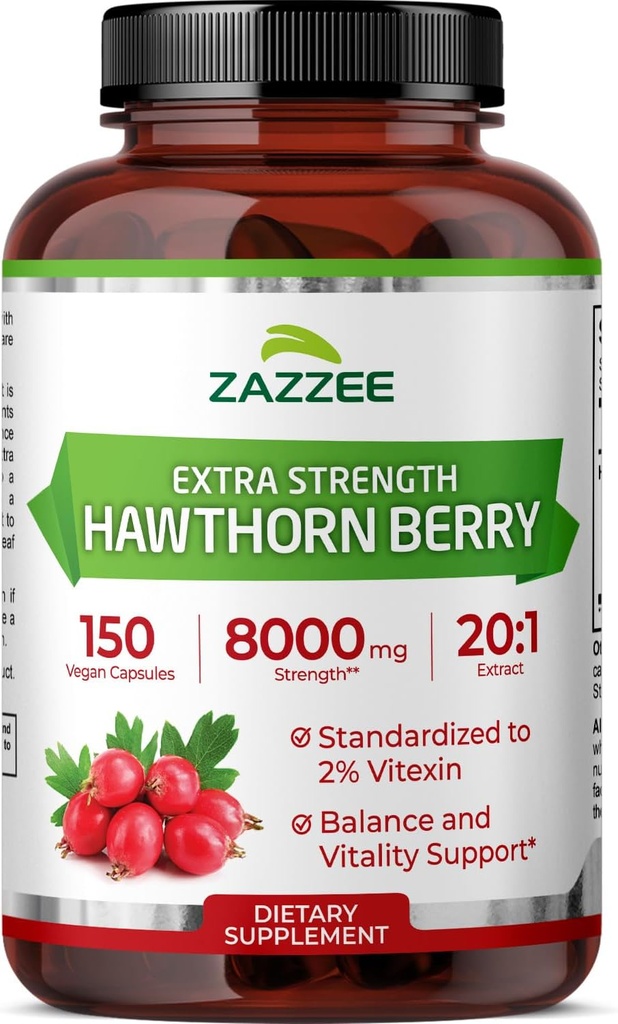 Zazzee Extra Strength Hawthorn Berry 20:1 Extract, 8000 mg Strength, 2% Vitexin, 150 cápsulas Vegan, 5 meses de suministro, Potent concentrado y estandarizado 20X Extract, Non-GMO y All-Natural