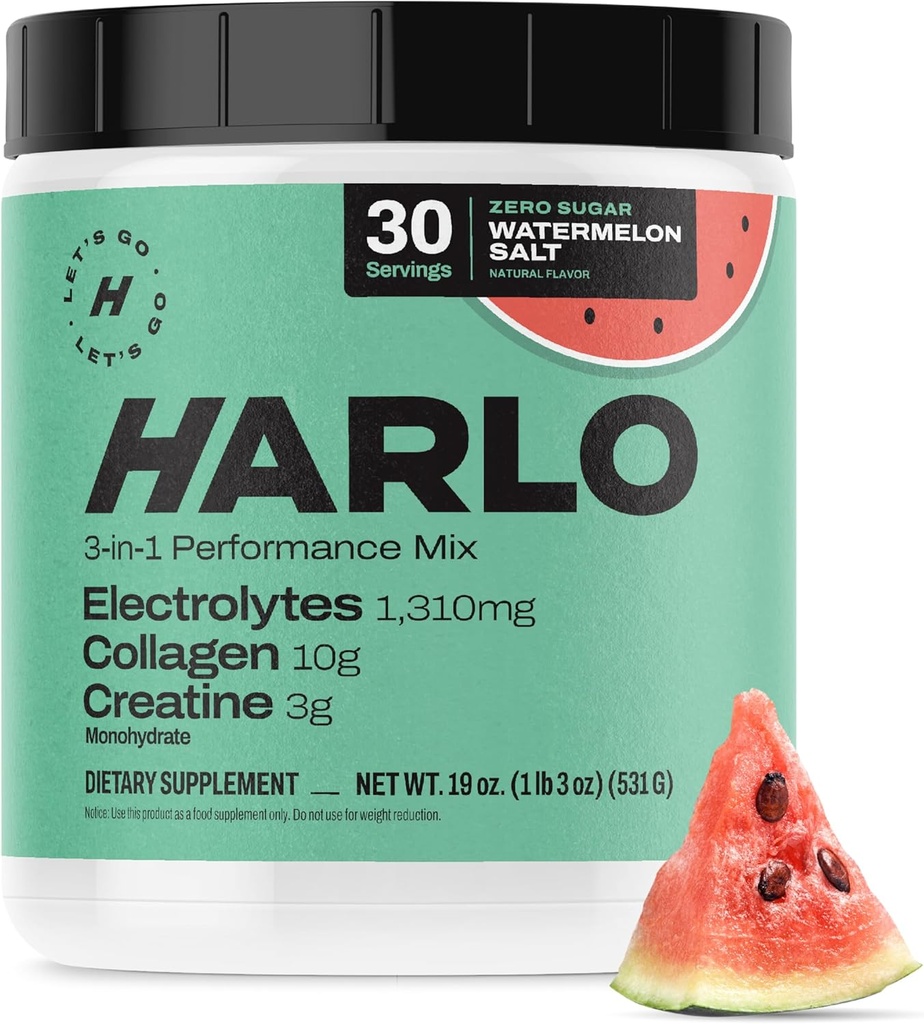 Harlo - Watermelon Salt Electrolyte Drink Mix w/Bovine Collagen & Creatine - Creatine Monohydrate Powder - Energy Drink Powder - Pre Workout Powder - Sugar Free Energy Drinks - Post Workout Recovery