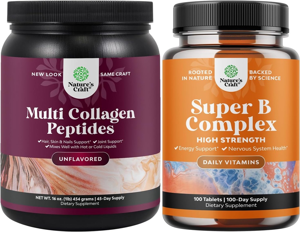 Bundle of Multi Collagen Protein Powder for Women and Men - Hair Skin and Nails Vitaminas y Complejo de Vitamina B Adult Multivitamin for Immune Support Mood Boost and Memory Supplement for Brain Support