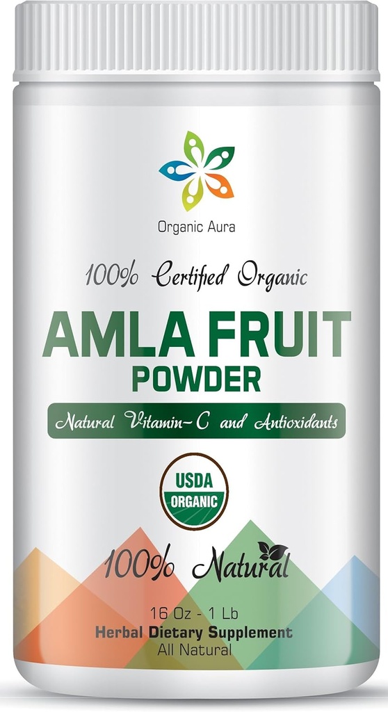 Certified Organic Aura Amla Powder 16Oz - 1Lb. Powerhouse of Natural Vitamin C. Gran Fuente de Antioxidantes. Apoya la inmunidad y la vitalidad.