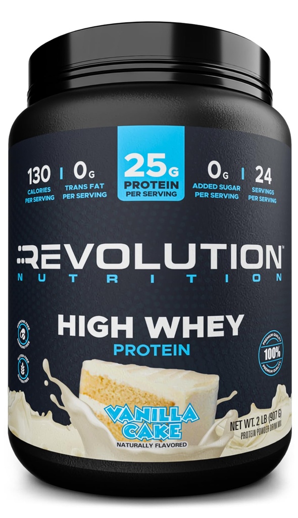 Revolution Nutrition, High Whey, Protein Powder 2LB, Gluten Free, Lean Muscle Mass for Men &amp; Women, 25g of Protein Per Scoop, 907 g, 24 Servings (Vanilla Cake, 2 libras)