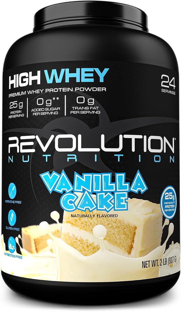 Revolution Nutrition, High Whey, Protein Powder 2LB, Gluten Free, Lean Muscle Mass for Men &amp; Women, 25g of Protein Per Scoop, 907 g, 24 Servings (Vanilla Cake, 2 libras)