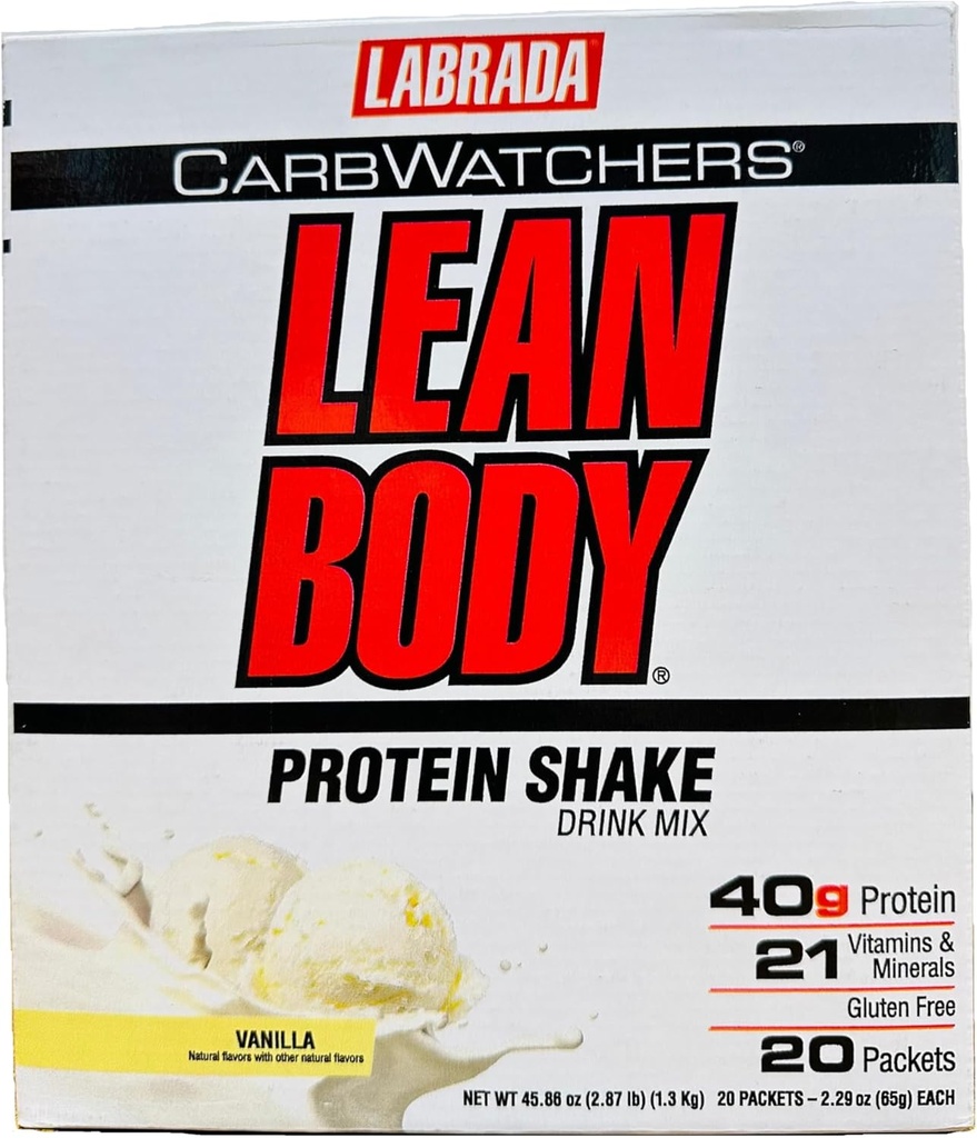 Lean Body Carb Watchers, All-In-One Vanilla Meal Replacement Shake. 40g Protein Whey Blend, 8g grasas saludables &amp; fibra, 22 vitaminas y minerales , No colores artificiales, Gluten Free,(20 paquetes)