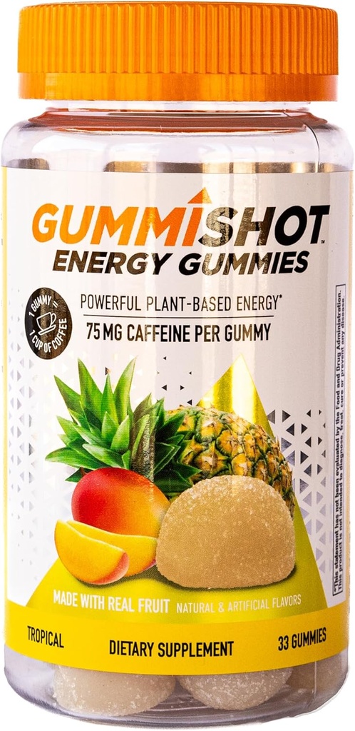 GummiShot Energy Gummies, 2475mg of Plant-Based Caffeine Chews per Bottle, Long Lasting Energy Boosters, Tropical (33ct)