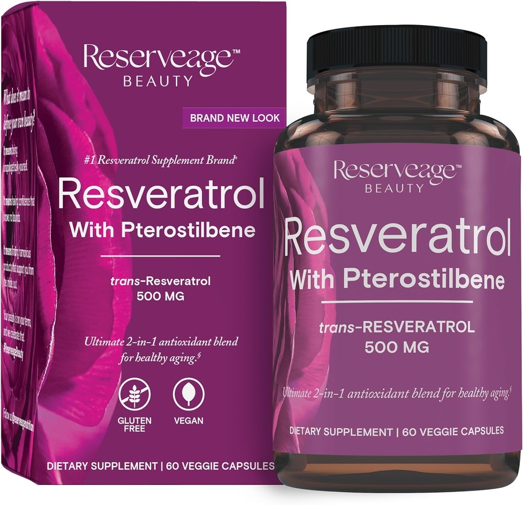 Belleza de reserva, Resveratrol 500 mg con Pterostilbeno, Suplemento antioxidante para el apoyo inmunitario " Salud del corazón, apoya el envejecimiento saludable, Paleo, Keto, 60 cápsulas (60 piezas)