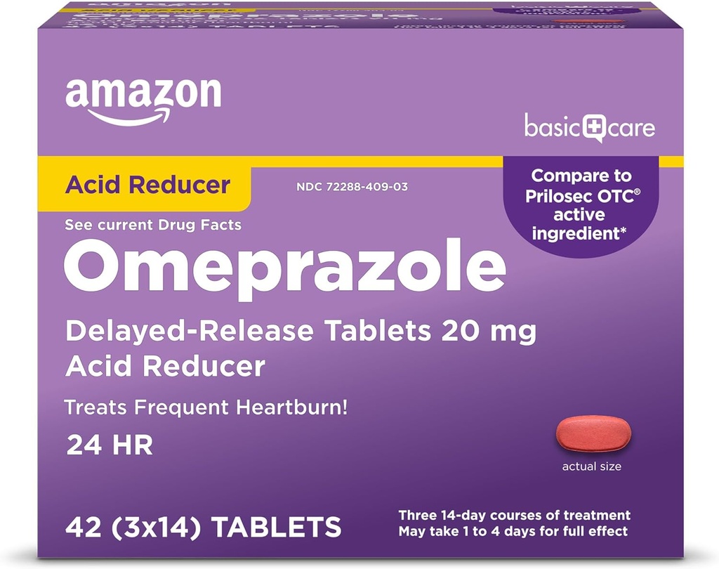 Cuidado básico Omeprazole Delayed Release Tablets 20 mg, Treats Frequent Heartburn, Acid Reducer, Heartburn Medicine, 42 Count (Pack of 1) (Packaging may vary)