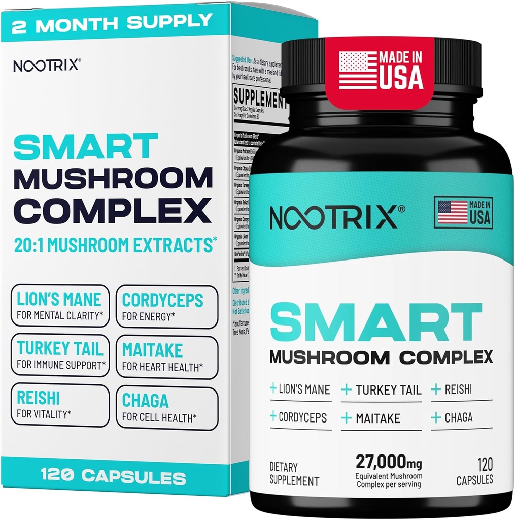 Nootrix Smart Mushrooms Complejo Suplemento ← Soporta Memoria, Enfoque Mental, Salud Cognitiva &energía TEN 27.000mg Mushrooms orgánicos ANTE Lions Mane, Reishi, Cordyceps, Chaga & Turquía Tail TEN 120 Capsules