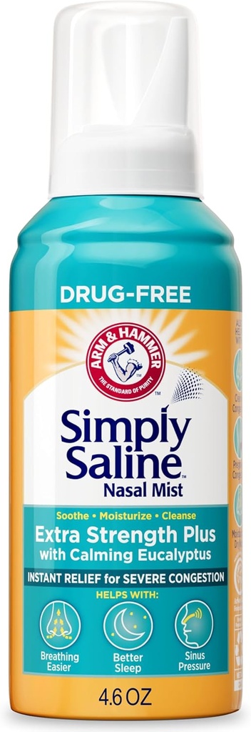 Arm " Hammer Simplemente Saline Extra Strength Plus Eucalyptus Nasal Mist for Severe Congestion, 4.6 oz