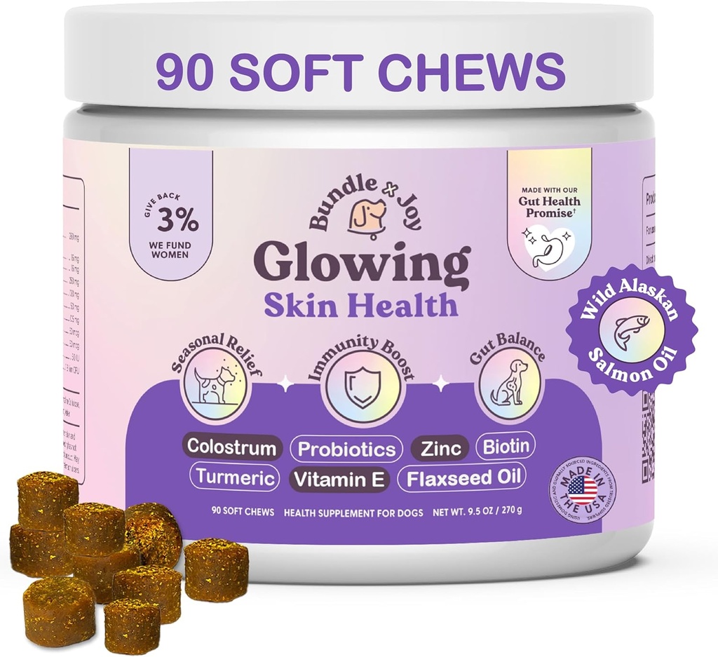 Bolso x Joy Glowing Skin and Coat Suplemento para perros, 90 Soft Chews, Probiotics for Dogs with Colostrum, Omega 3 Fatty Acids, Salmon Oil, and Turmeric, Supports Seasonal Allergies & Itchiness