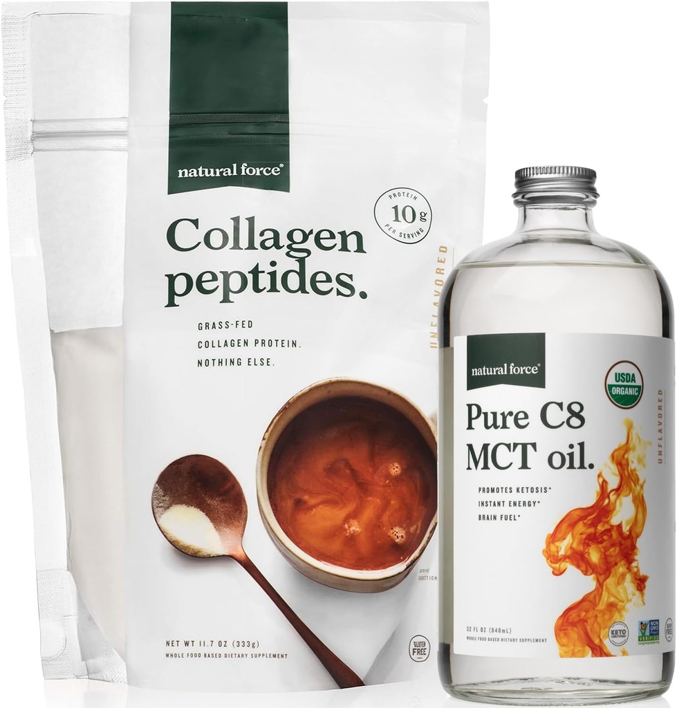 MCT orgánico de la fuerza natural Petróleo + Grasa Colágeno Péptidos Bundle – Orgánica, No GMO, 100% Cacahuete puro " Hidrolyzed Tipo I y III Collagen Protein - 16 Botella de onza y 11.7 Bolsa de onza