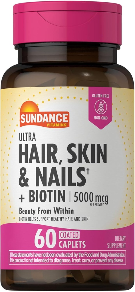 Sundance Hair, Skin & Nails Vitaminas TEN 5000mcg TEN 60 Coated Caplets TEN with Biotin and Collagen ← Non-GMO & Gluten Free Supplement