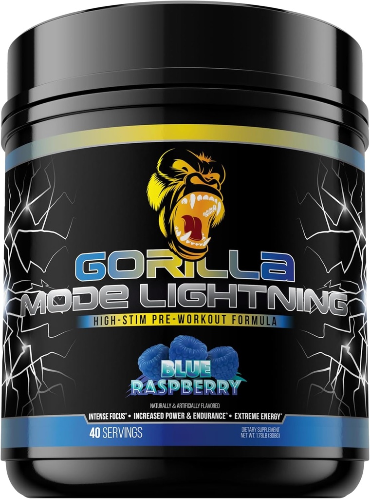 Gorilla Mode Lightning Pre-Workout - Extreme Energy · Laser Focus · Powerful Pumps · Peak Performance - 550mg Caffeine, 13500mg L-Tyrosine, Alpha-GPC– 808g (Blue Raspberry)