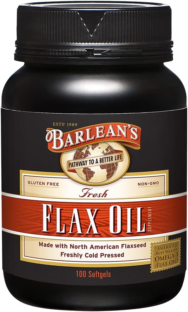 Omega de Barlean 3 6 9 Suplementos de aceite de Flaxseed, Suplemento de semilla de Flax Presionado Frío Softgels con 1650 mg Ácidos de grasa ALA, 100 Cuentas