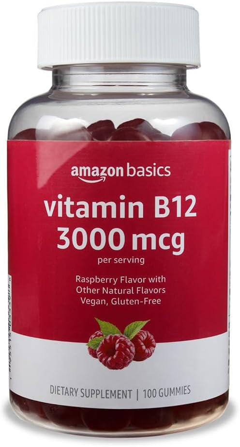 Básicos Vitamina B12 3000 mcg Gummies, Producción Normal de Energía y Metabolismo, Apoyo al Sistema Inmunitario, Raspberry, 100 Cuenta (2 por por servicio) (antes Solimo)