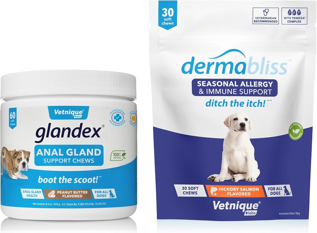 Vetnique Labs Dermabliss Allergy Chews 30 Ct y Glandex Anal Gland Support Chews 60 Ct Bundle Dog Vitaminas &amp; Suplementos, Anal Gland Dog Treats with Probiotics, Dog Allergies Skin Treatment Soft Chew