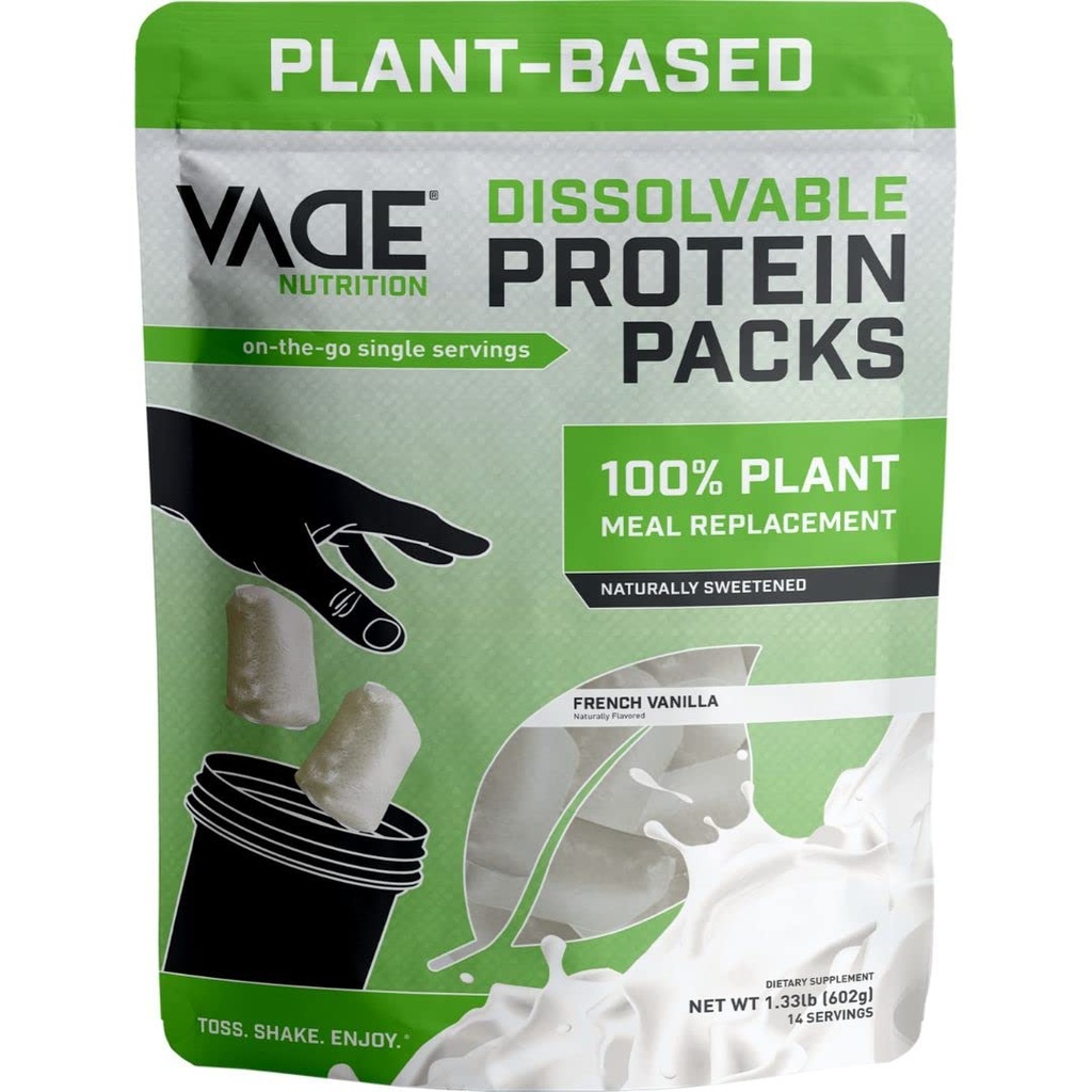 Vade Nutrition Dissolvable Plant-Based Meal Replacement Packs ¦ Vanilla ← On-The-Go, 100% Vegan, 26 Vitaminas &amp; Minerals, 10 Superfoods, Lactose Free, Gluten Free, No Sugar Añadido, Lean, 14 Serviciones