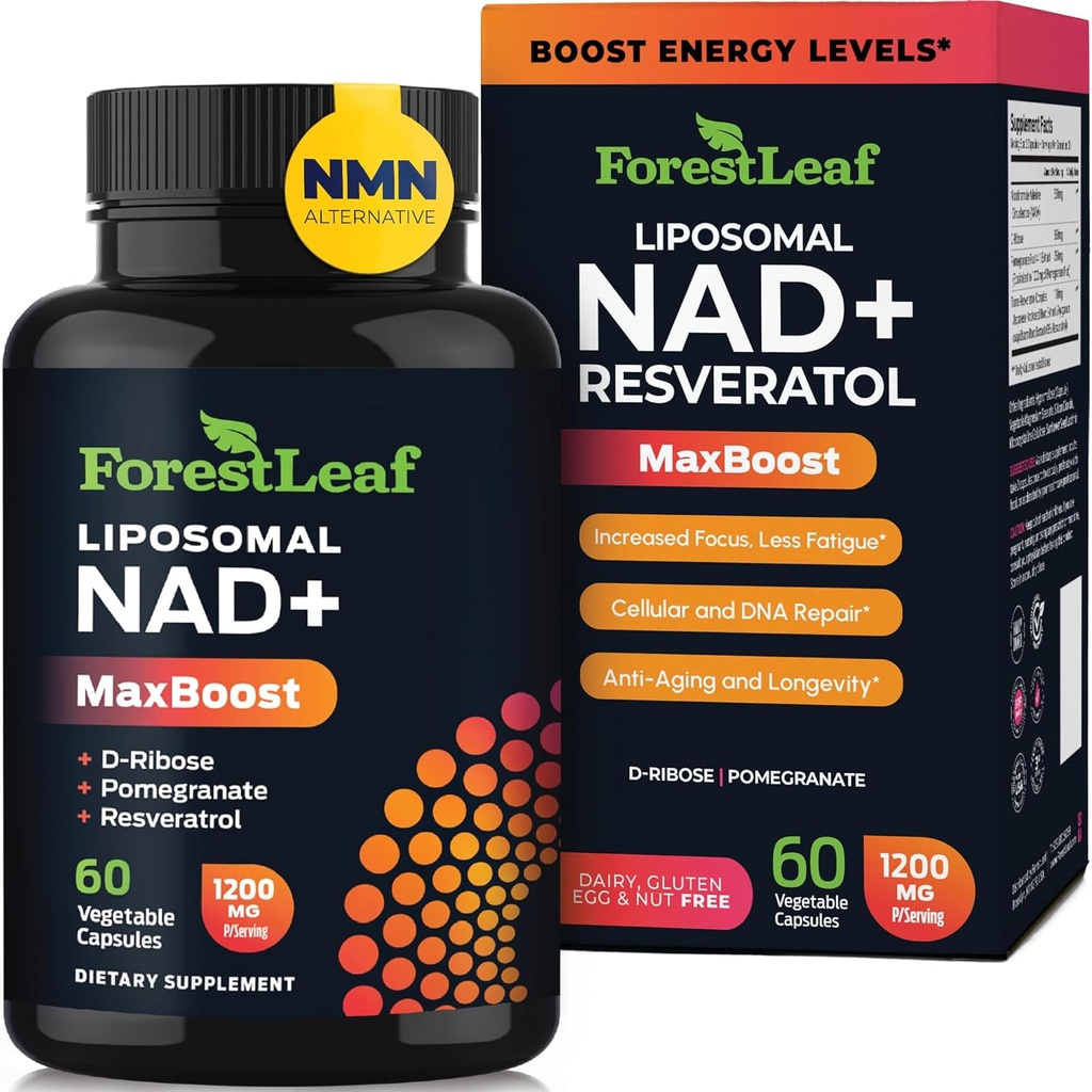Suplemento NAD+ - 500 mg de NAD puro Plus for Energy, Focus, Skin " Anti-Aging Support - Gluten Free Non-GMO NAD Supplements for Women " Men (60 Count (Pack of 1), NAD+ Resveratrol)