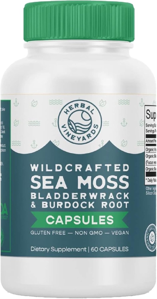Herbal Vineyards Organic Wildcrafted Vegetable 60 Capsules TEN 1500MG TENIDO Pack of 1 ← Irish Sea Moss, Bladderwrack y Burdock Root, Immune Support, Healthy Skin & Energy  durable Powerful Immunity Booster