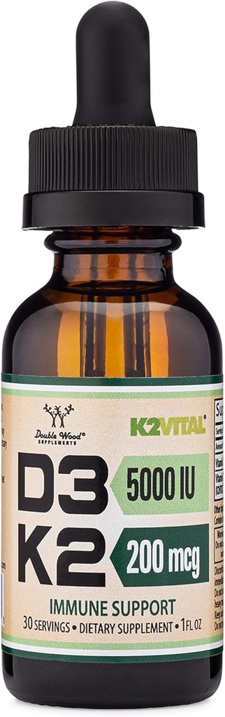 Vitamina D3 K2 5.000 UI gotas líquidas (5.000 UI de D3 y 200 mg de 99,9% All-Trans Patented K2 MK-7 (K2Vital) Max Absorption Liquid Vitamin D Drops (30 Servings) de Madera Doble