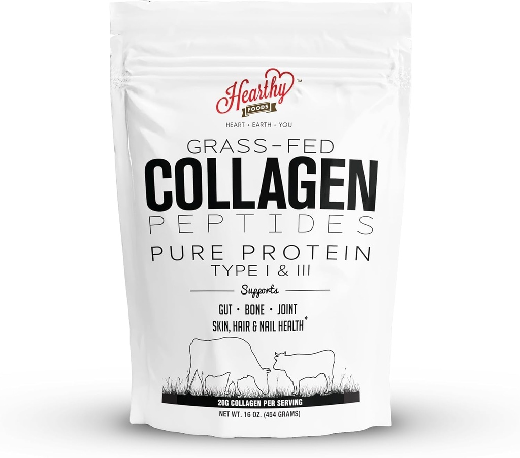 HEARTHY FOODS Collagen Powder - 18g Protein - Pure Halal Collagen Peptides Grass Fed Organic Hydrolyzed Powder ← Tipo I y III Unflavoured Keto Friendly Gluten Free No Sugar Non GMO 16 Oz