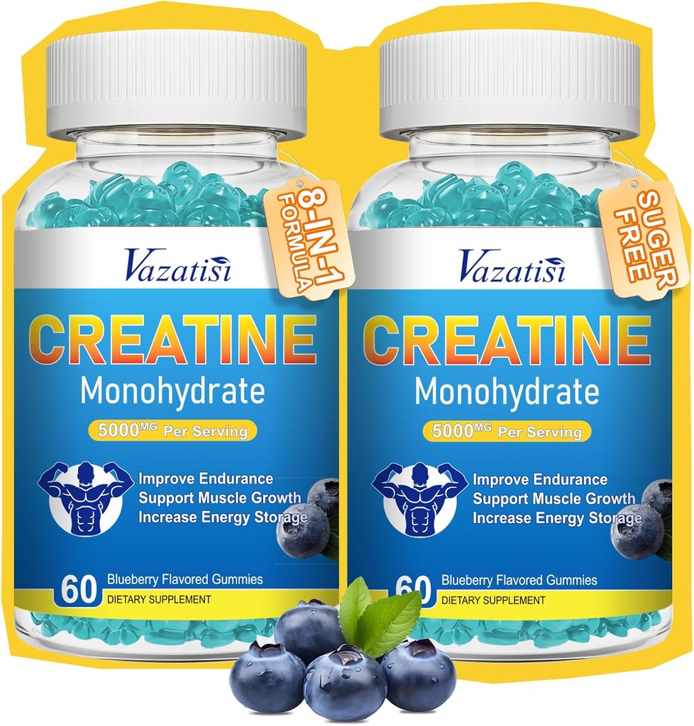 2 Pack Creatine Monohydrate Gummies for Women &amp; Men, Sugar Free Vegan Creatine Supplement for Build Muscles, Increase Energy & Strength, Blueberry Flavor, 120 Conde