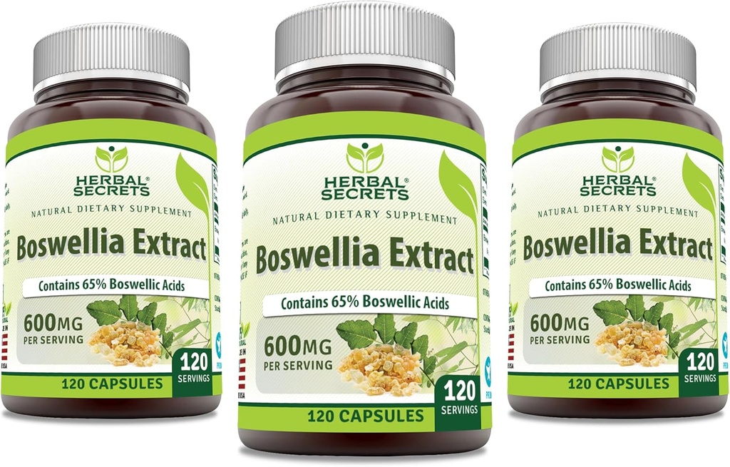 Herbal Secrets Boswellia Serrata Extract (65% Boswellic Acids) 600 mg Capsules Suplemento No-GMO Silencio Gluten Free (120 Silencio 3 Pack)