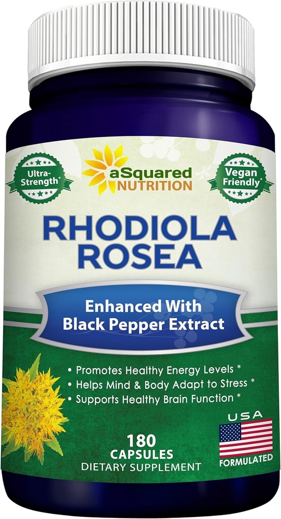 aSquared Nutrition Rhodiola Rosea Max Strength with Black Pepper Supplement - 180 Capsules - Max Absorption Powder Pills - Golden Root Herb for Stress Relief, Mood, Pure Focus & Energy - 500mg Por Cap