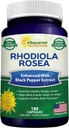 aSquared Nutrition Rhodiola Rosea Max Strength with Black Pepper Supplement - 180 Capsules - Max Absorption Powder Pills - Golden Root Herb for Stress Relief, Mood, Pure Focus & Energy - 500mg Por Cap