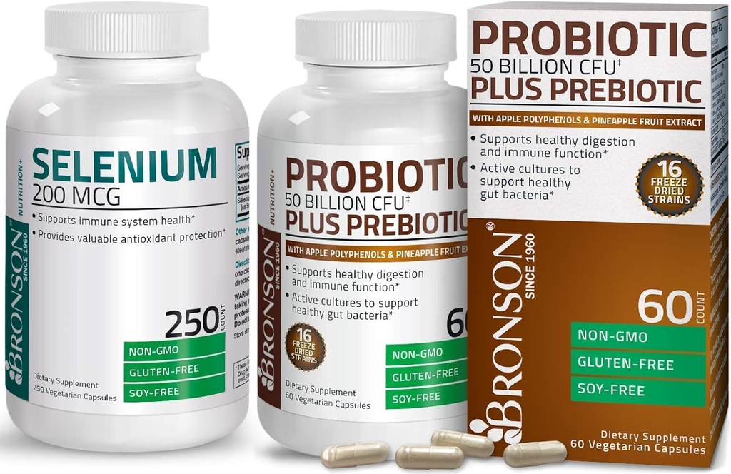 Bronson Probiotic 50 Billion CFU + Prebiótico con Apple Polyphenols &amp; Pineapple Fruit Extract + Selenium 200 Mcg para Immune System, Thyroid, Prostate y Heart Health