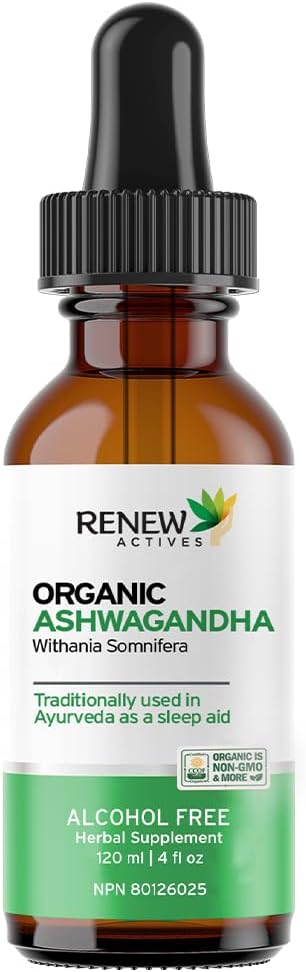 Renew Actives Organic Ashwagandha Liquid 220MG por 2 ml – Fast-Absorbing Formula for Cognitive Function, Memory, Energy, Stress, Sleep & Immune Health & Mental Clarity – Made in Canada - 120 ml