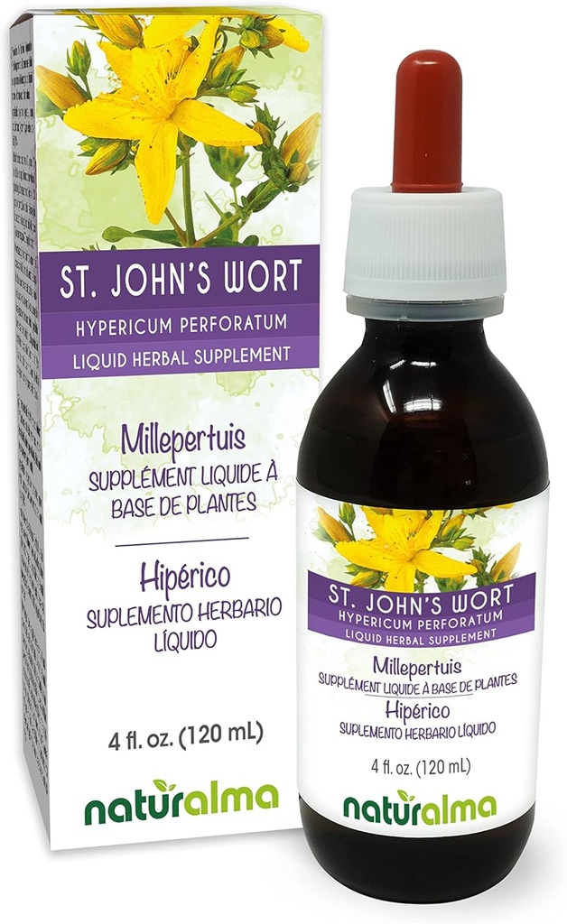 Naturalma Hierba de San Juan (Hypericum perforatum) hierba con Flores Tintura libre de alcohol - 4 fl oz Extracto líquido en gotas - Suplemento herbal - Vegan
