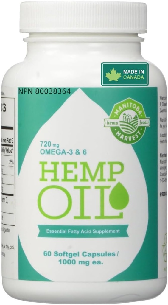 Manitoba Harvest Hemp Seed Oil Softgels, 2.475 mg de Omegas de base vegetal 3,6 " 9 por porción incluyendo GLA, Fish Oil Alternative, 60ct (paquete de 12)