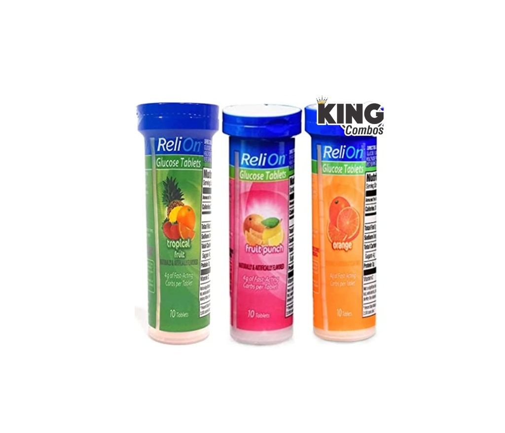 Glucose Tablets to go packing with 10 tablets each: Orange, Tropical, and Fruit Punch + King QR Code