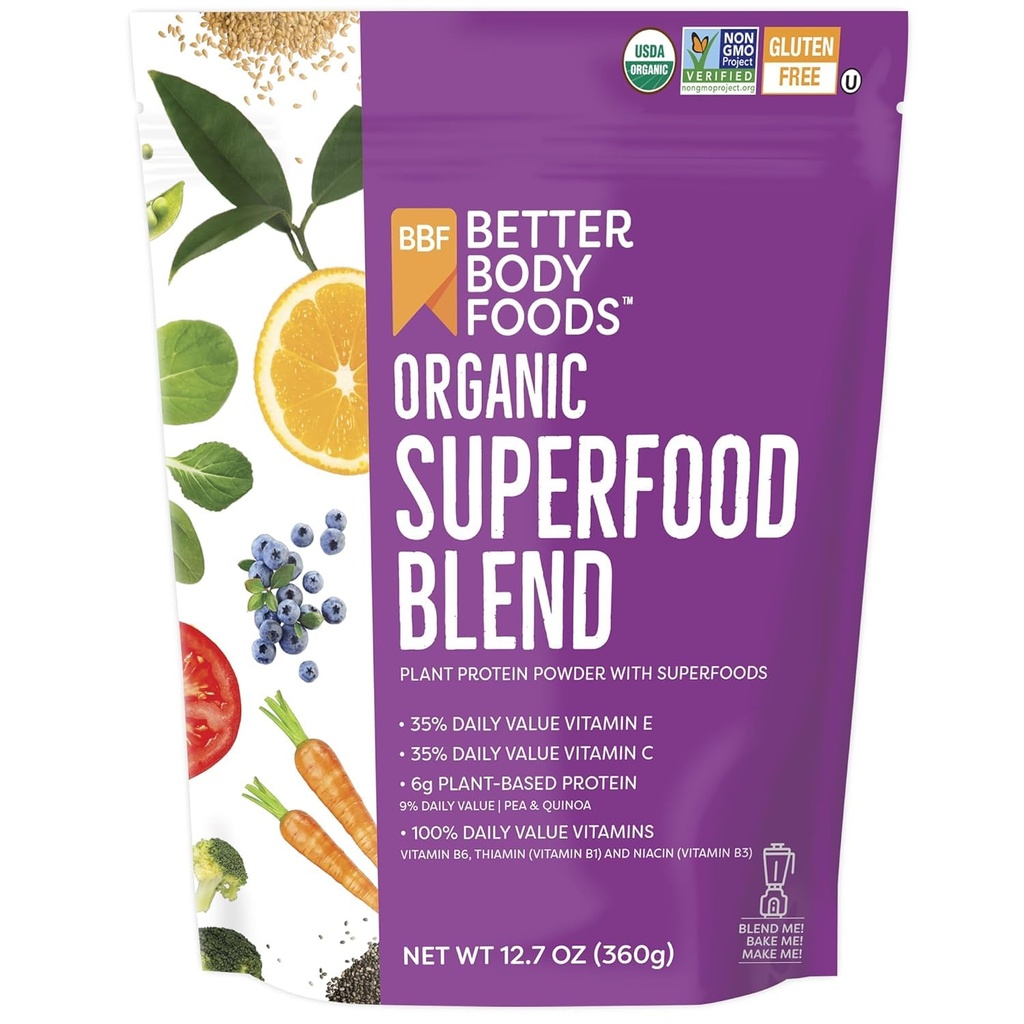 BetterBody Foods Organic Superfood Powder con proteína, vitaminas C, E y B12 (12.7 oz).