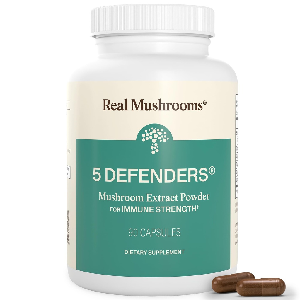Real Mushrooms 5 Defenders - Complejo de Mushrooms Adaptogénico con Chaga, Reishi, Turquía Tail, Maitake " Shiitake for Wellness Support - Mushroom Beta Glucan Capsules - 90 Conde