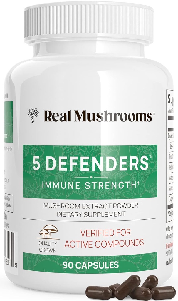 Real Mushrooms 5 Defenders - Complejo de Mushrooms Adaptogénico con Chaga, Reishi, Turquía Tail, Maitake " Shiitake for Wellness Support - Mushroom Beta Glucan Capsules - 90 Conde