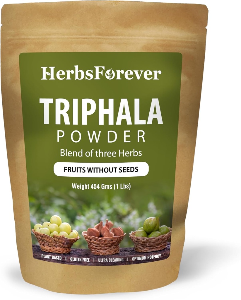 Herbsforever Triphala Churna Powder Formulación ayurvédica tradicional apoya la desintoxicación y rejuvenecimiento No GMO, Vegan 454 GMS