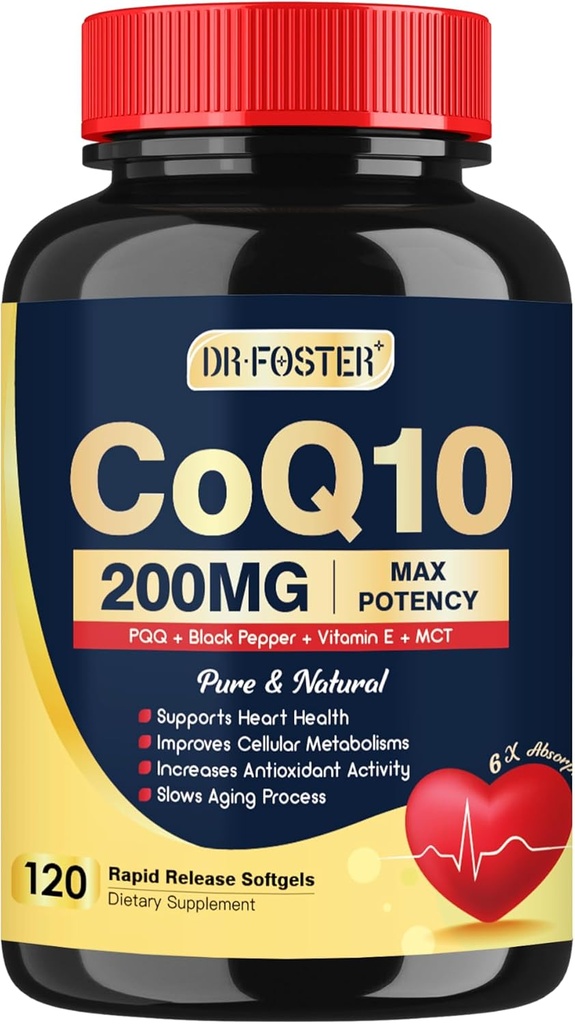 DRFOSTER Coq10 200mg, Coenzyme Q10 para la producción de energía antioxidante, 6X Absorción superior Cq10 con vitamina E " PQ " Black Pepper Extract, Co q 10 Suplemento 120 Servings