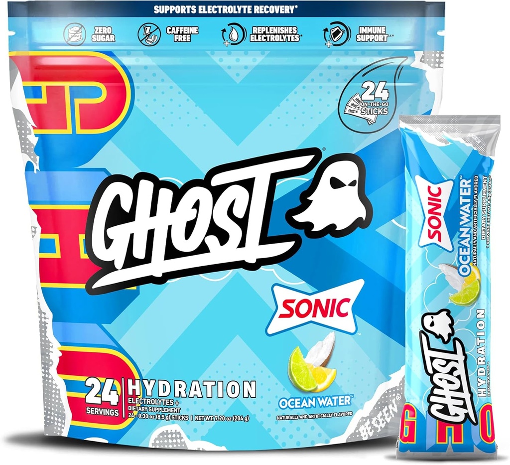 GHOST Hydration Packets, Sonic Ocean Water, 24 Sticks, Electrolyte Powder - Drink Mix Supplement with Magnesium, Potassium, Calcium, Vitamina C - Vegan, Free of Soy, Sugar &amp; Gluten