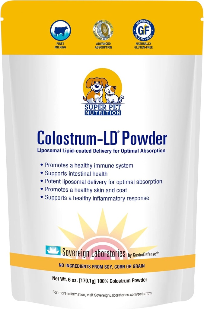 Veterinaria Aprobada Super Pet Nutrition - para perros y gatos - Liposomal Bovine Colostrum, Rico en inmunoglobulinas (25%+), Apoyo para sistemas inmunitarios y digestivos, alergias (6 onzas)