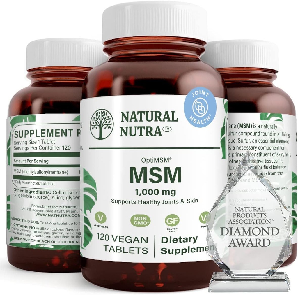 Natural Nutra OptiMSM, Suplemento MSM con Azufre, Prevenir el cabello de adelgazamiento, Aumentar la flexibilidad conjunta y la salud de los huesos, Cartilage Health, Ayuda a soportar el equilibrio fluido, 1000 mg, (120) Tablas Vegan
