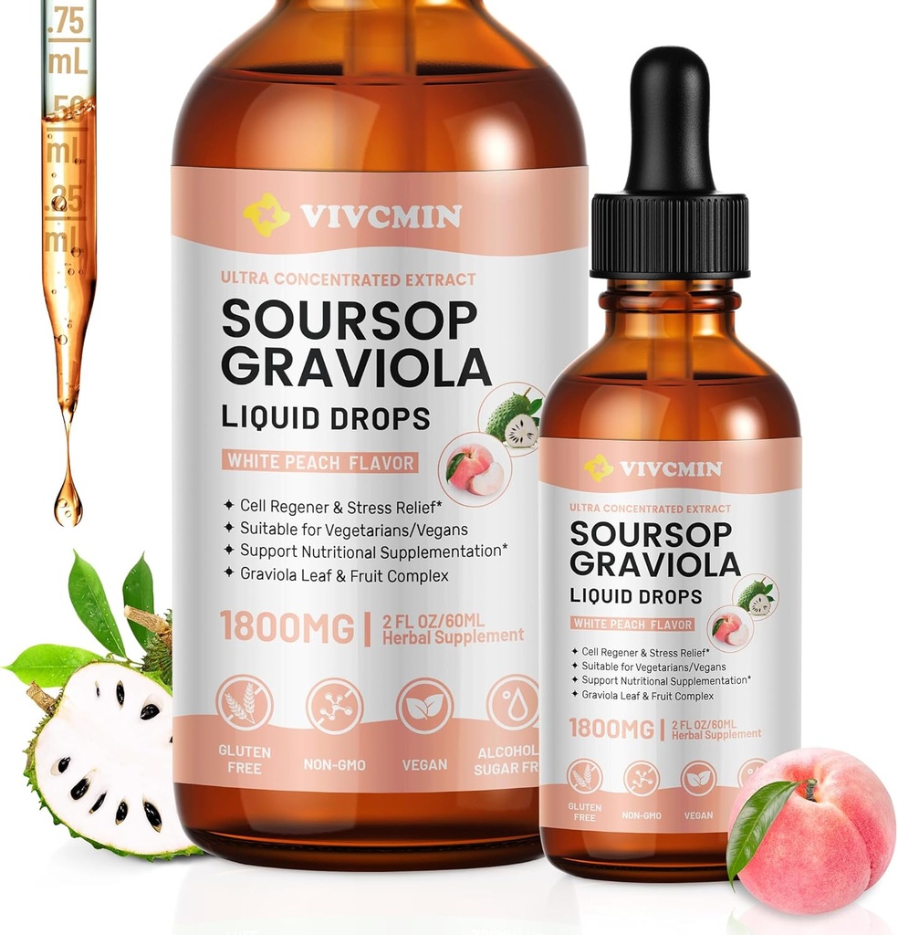 Graviola Soursop Leaf Extract Liquid - Soursop Bitters Liquid, Support Immune, Relax, Liver and Sleep, Sugar " Alcohol-Free, Highly Absorbable Formula, White Peach Flavor, 2 Fl Oz