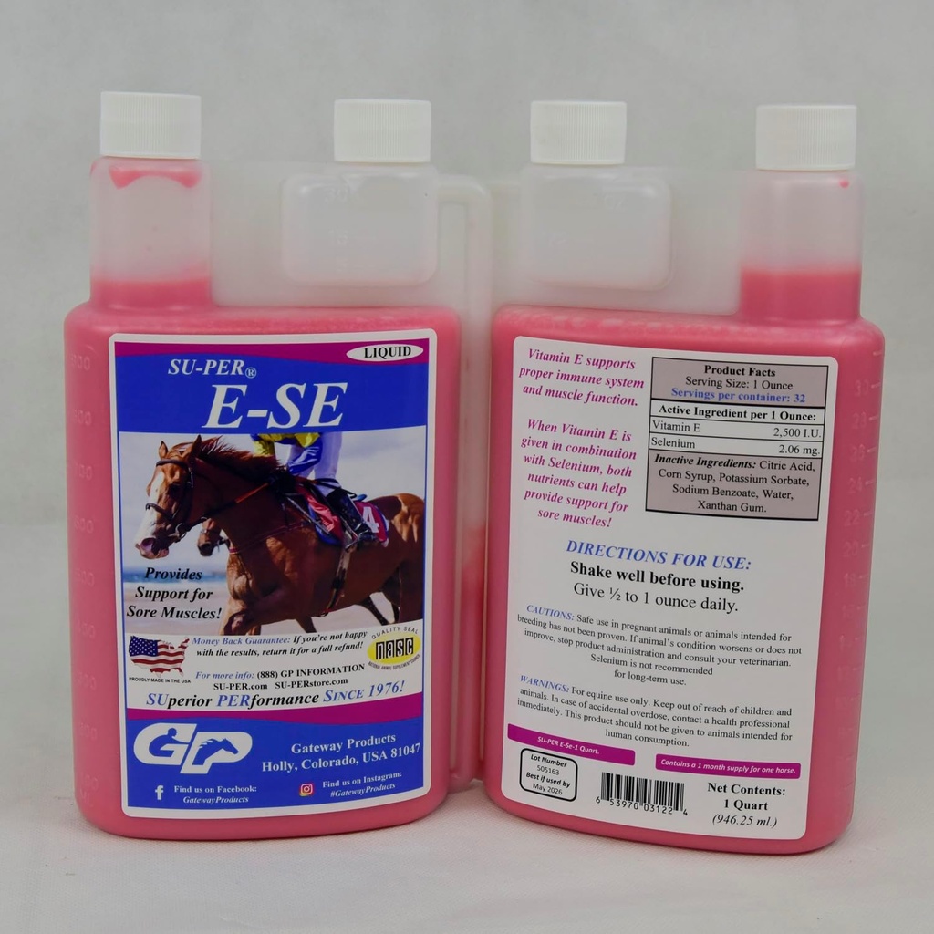 SU-PER E-Se Horses Antioxidant Supplement - Vitamin E & Selenium for Sore Muscles Support - 1 Quart, 1 Month Supply (30 Days)