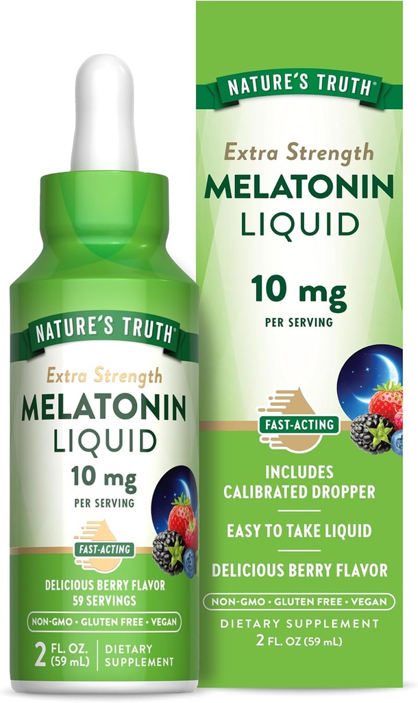 La verdad de la naturaleza Melatonin Liquid TENIDO 10 mg TENIDO 2 Fl oz Fuerza máxima para los adultos TENIDO Berry Flavor ANTE Vegan, Non-GMO & Gluten Suplemento gratuito
