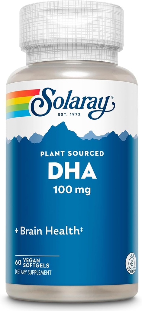 SOLARAY DHA Suplementos 100 mg - D H A Omega 3 Ácidos grasos para el soporte de bienestar, DHA omega 3 prenatal Suplemento - Planta proveniente de aceite de algas - Garantía de 60 días, 60 Serviciones, 60 Softgeles veganos