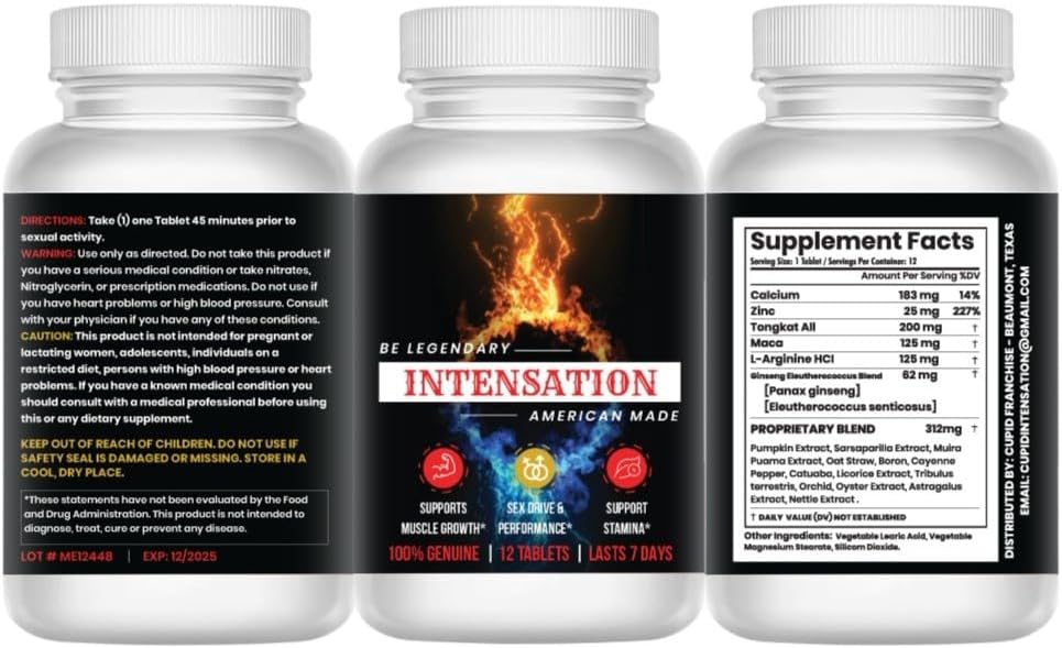 INTENSACIÓN - Suplemento masculino - Soporte de resistencia natural - Last Longer - Aumento de tamaño, fuerza &amp; resistencia - Mejorar el nivel de energía - Optimize Vitality - 12 Tablets